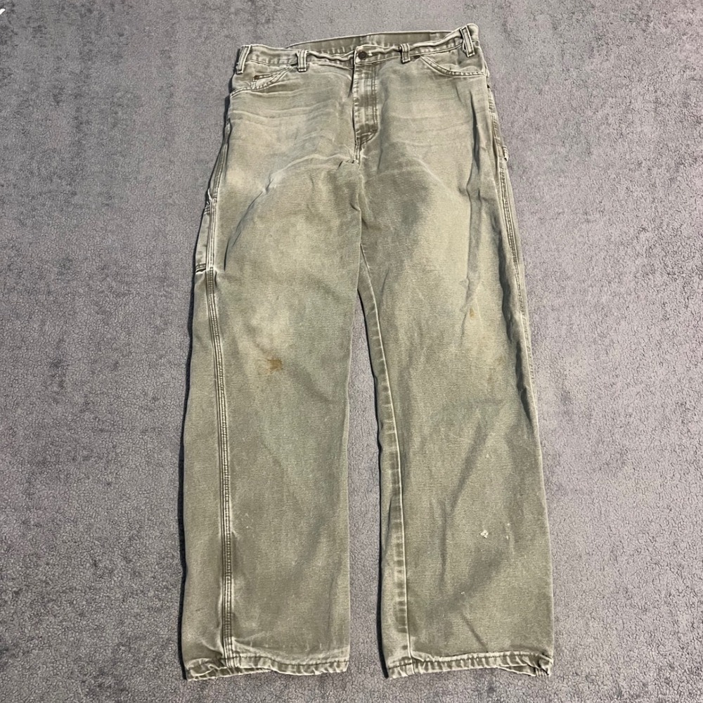 Vintage Dickies Mens Carpenter Pants Faded Olive Green Canvas Workwear 34x31